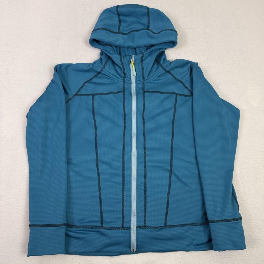 Eddie Bauer First Ascent Womens XL Blue Grid Fleece Full Zip Hoodie Hiking Trek